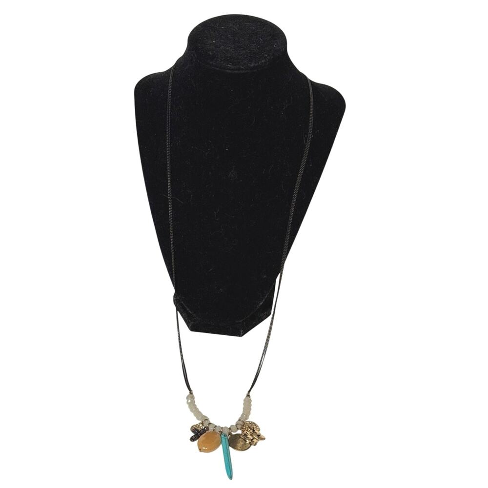 Boho Charm Necklace Long 32” Turquoise Pendant Multi Double Chain Statement
